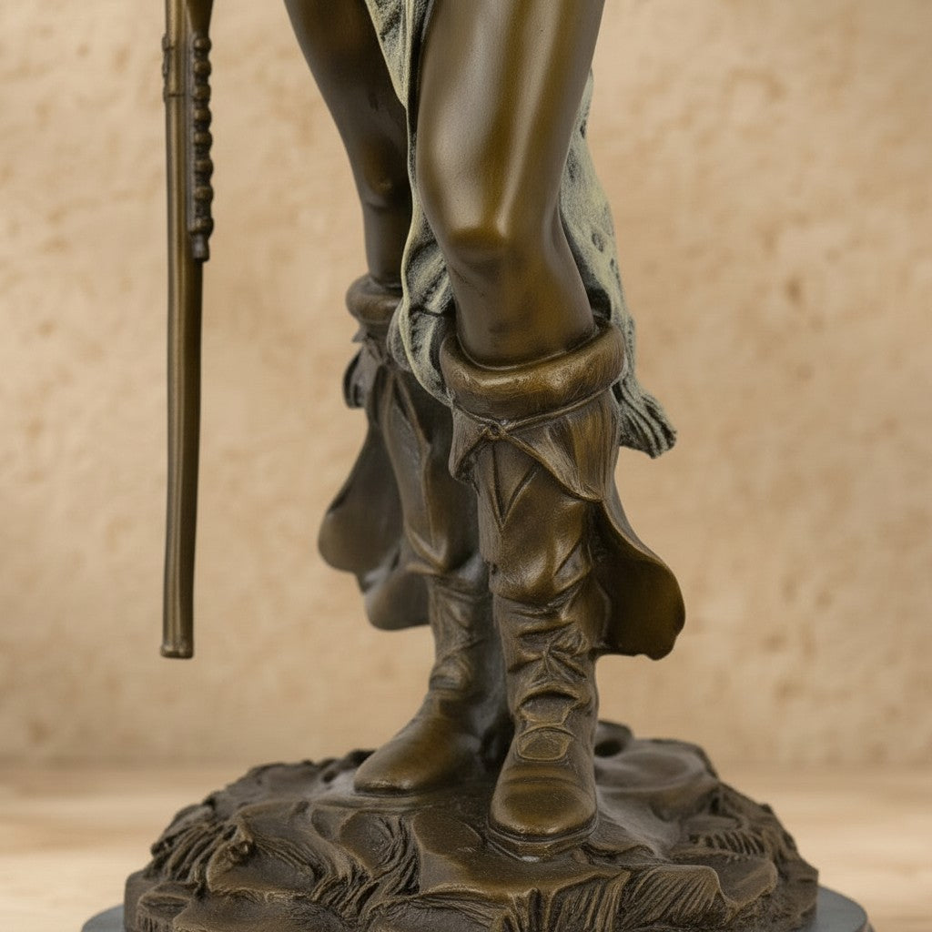 Détail des jambes et bottes en bronze d'une sculpture représentant un chef indien avec fusil