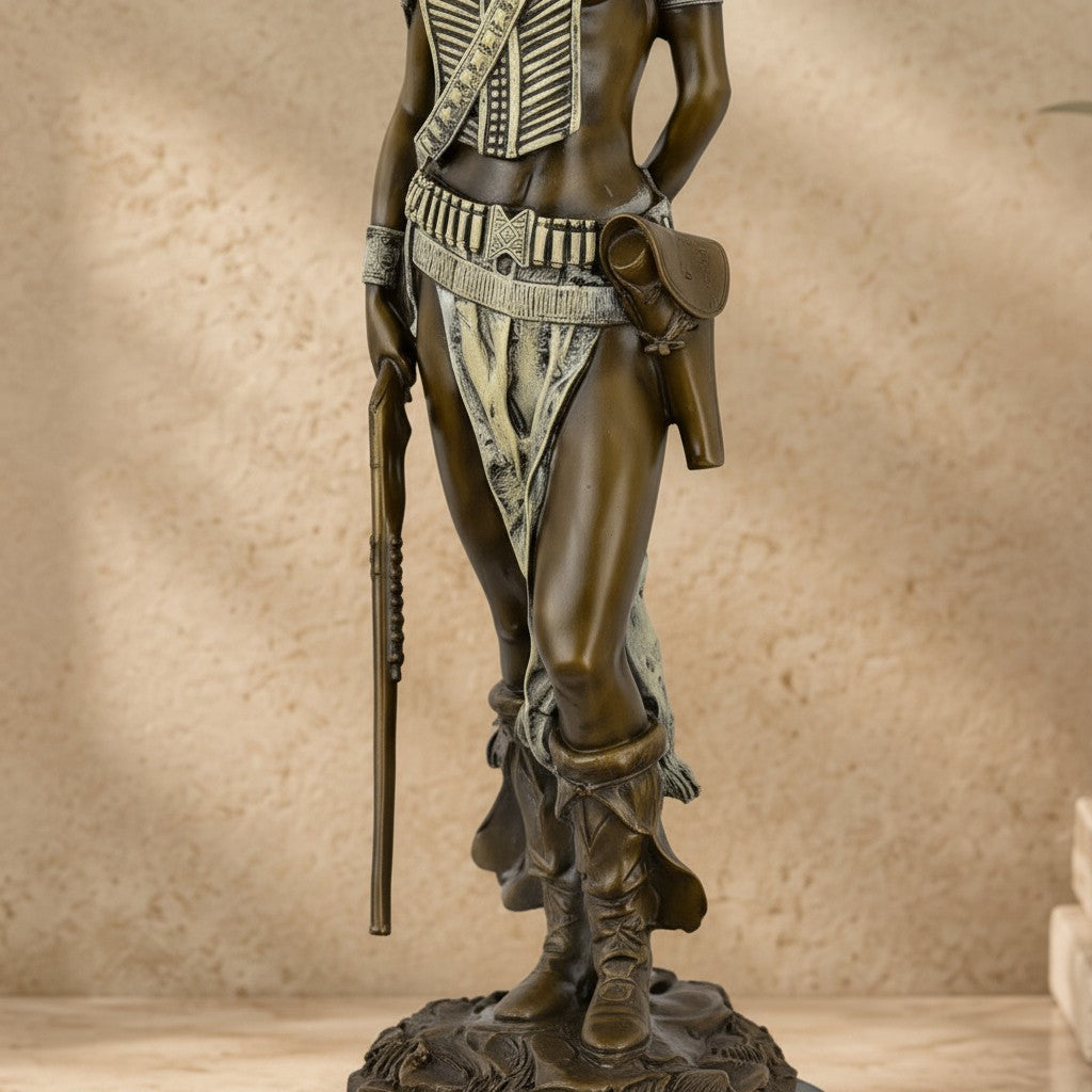 Sculpture en bronze d'un chef indien avec fusil, patine bicolore sur socle en marbre noir