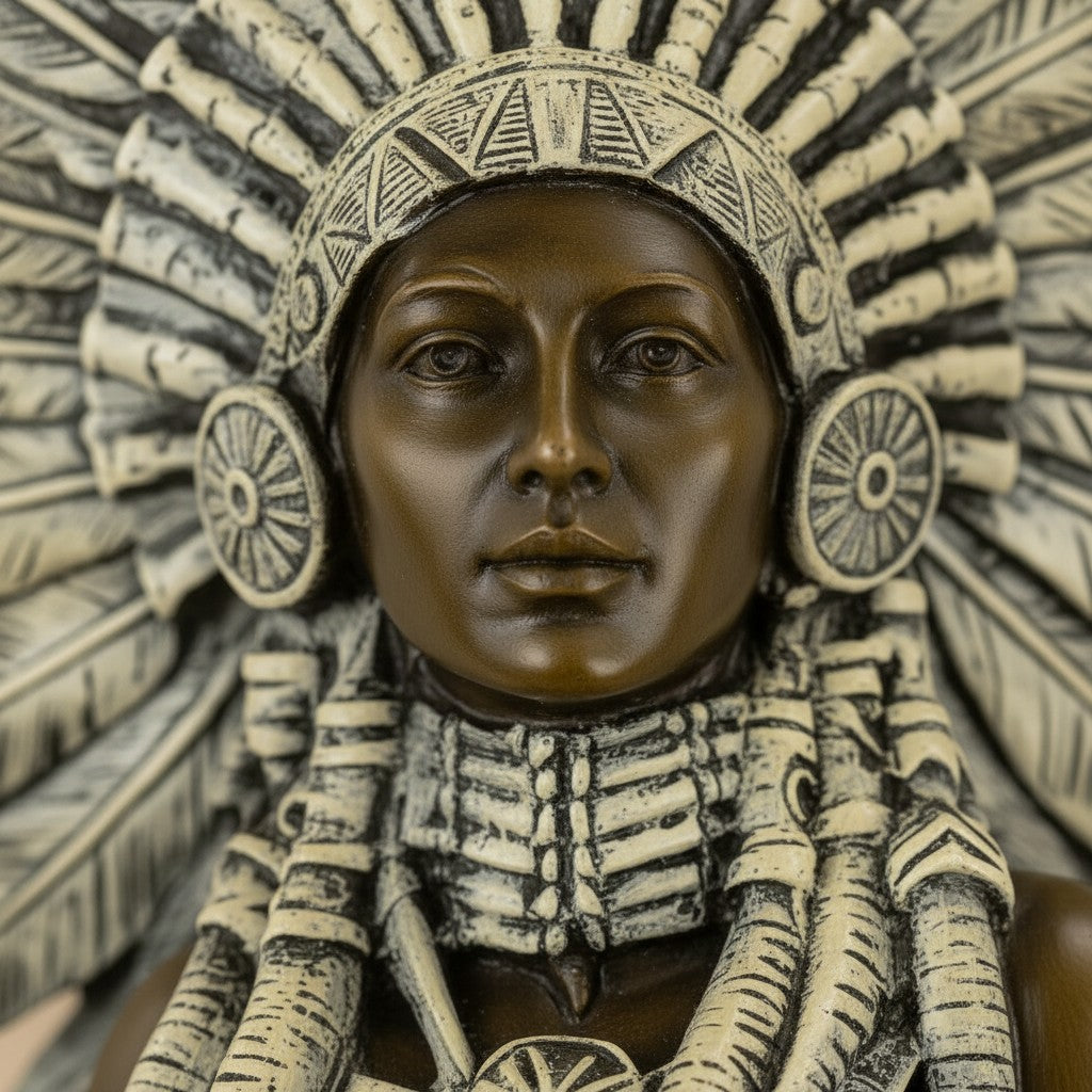 Gros plan sur une sculpture en bronze d'un chef indien avec coiffe de plumes détaillée et patine brune