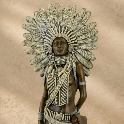 Sculpture en bronze d'un chef indien avec coiffe de plumes détaillée sur socle en marbre noir