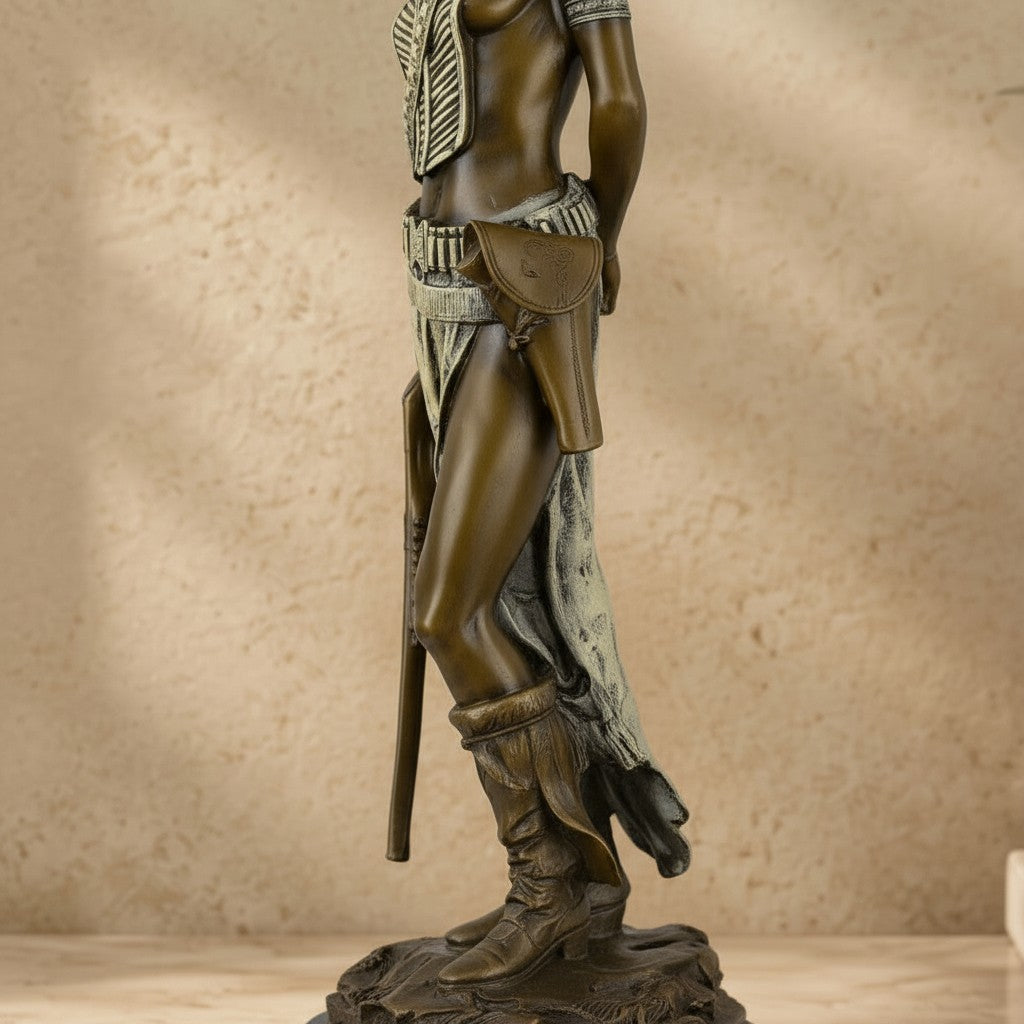 Sculpture en bronze représentant un chef indien avec fusil, patine brune et détails dorés sur socle