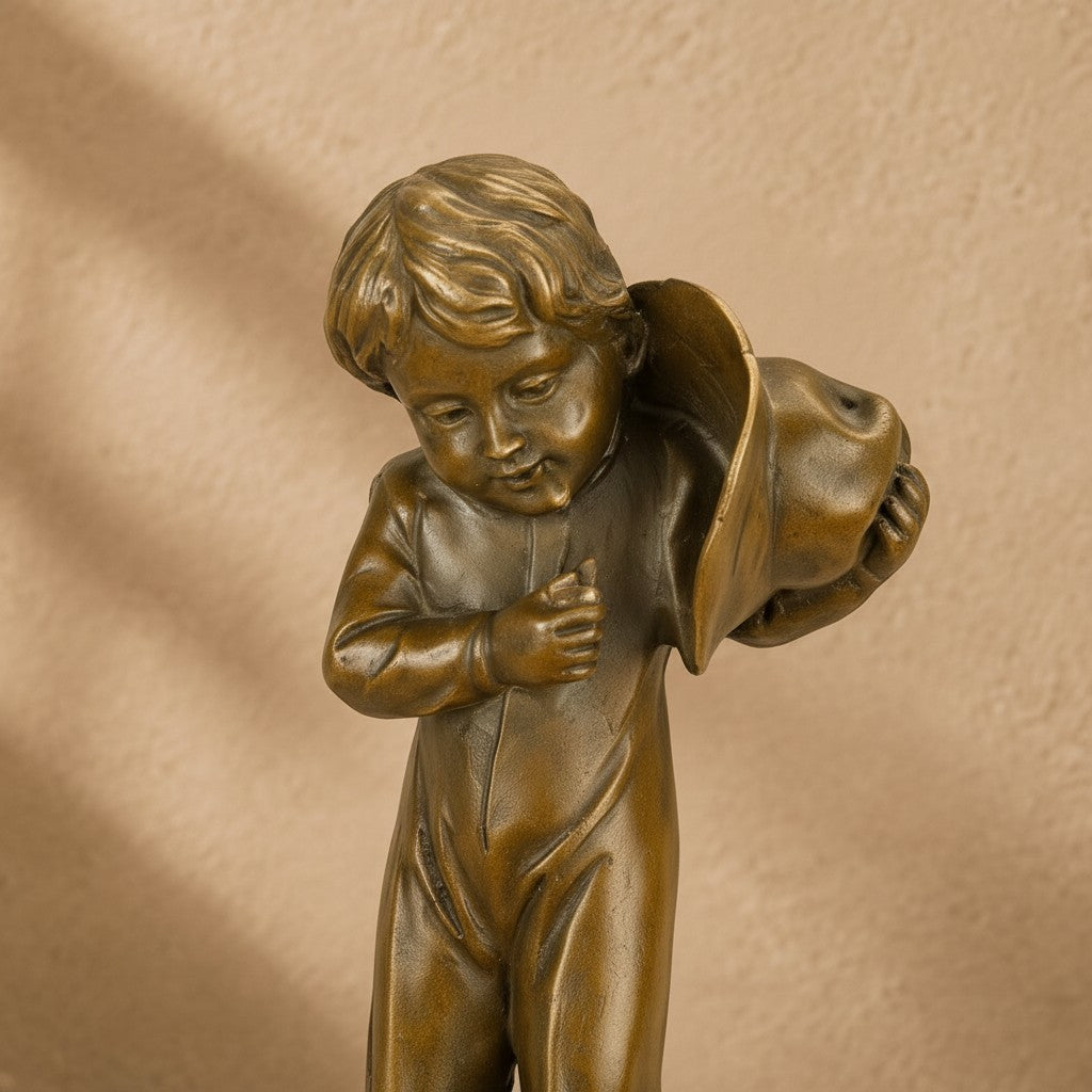 Sculpture en bronze représentant un jeune garçon portant une hotte sur un socle en marbre noir