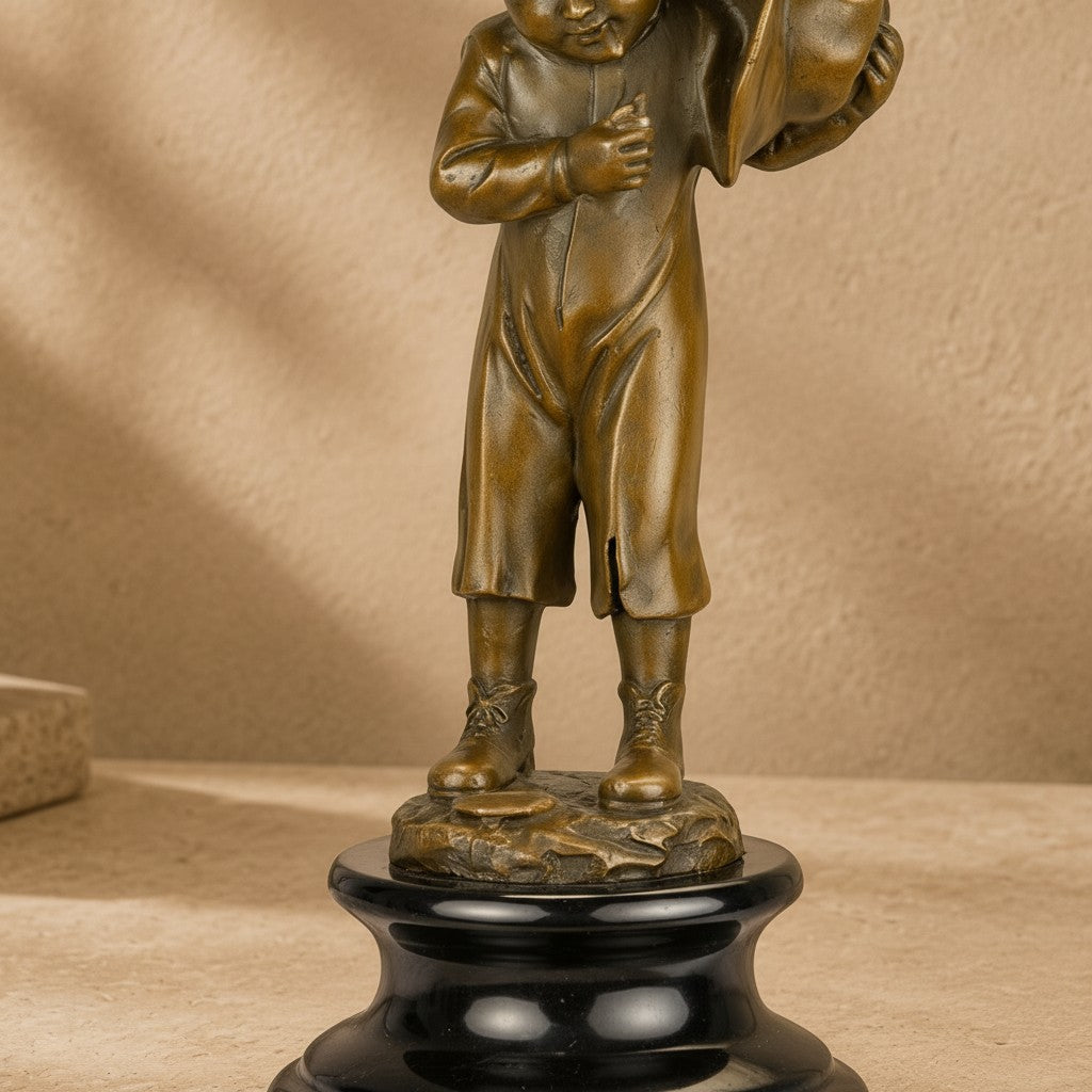 Sculpture en bronze patiné représentant un enfant porteur de hotte sur un socle en marbre noir poli