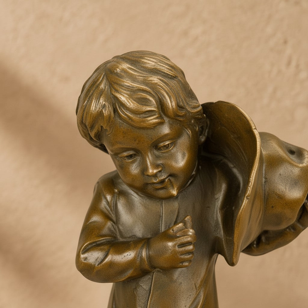 Sculpture en bronze représentant un jeune enfant porteur de hotte avec patine brune nuancée