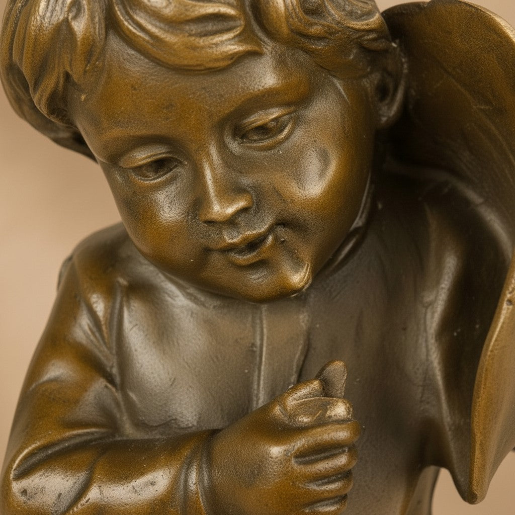 Gros plan sur une sculpture en bronze d'un enfant porteur de hotte avec patine brune nuancée