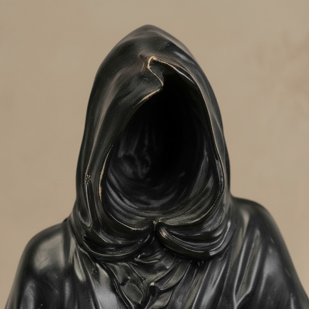 Gros plan sur la capuche noire de la sculpture en bronze Faucheuse, allégorie de la mort détaillée