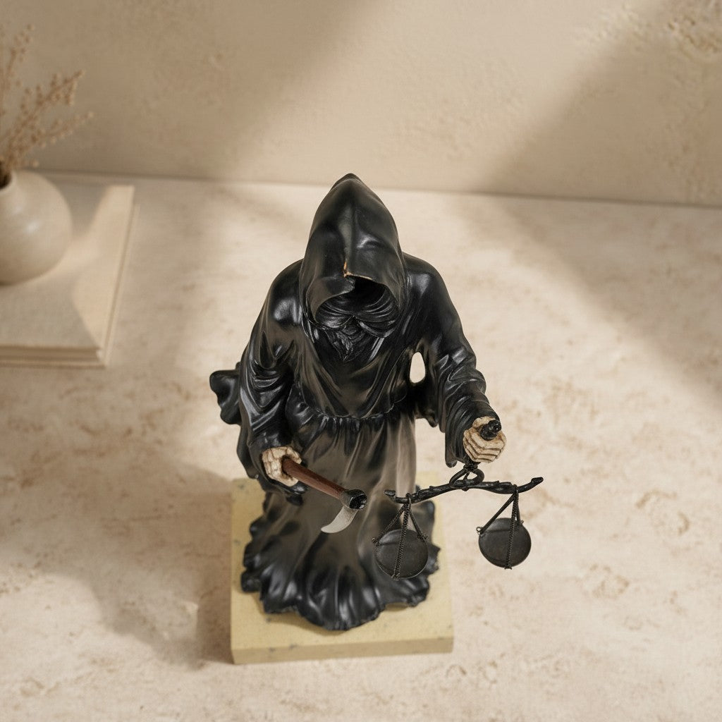 Sculpture en bronze de la Mort avec faux et balance sur socle en pierre crème