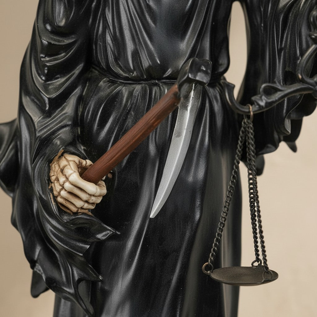 Sculpture en bronze noir représentant la Mort avec une faux et une balance aux mains squelettiques
