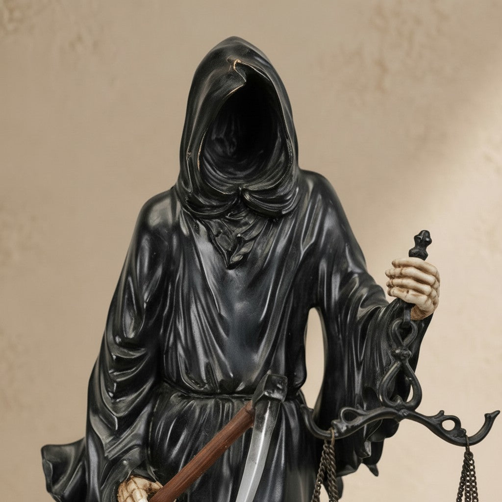 Sculpture en bronze noir représentant la Faucheuse avec une balance et une faux, détails ivoire