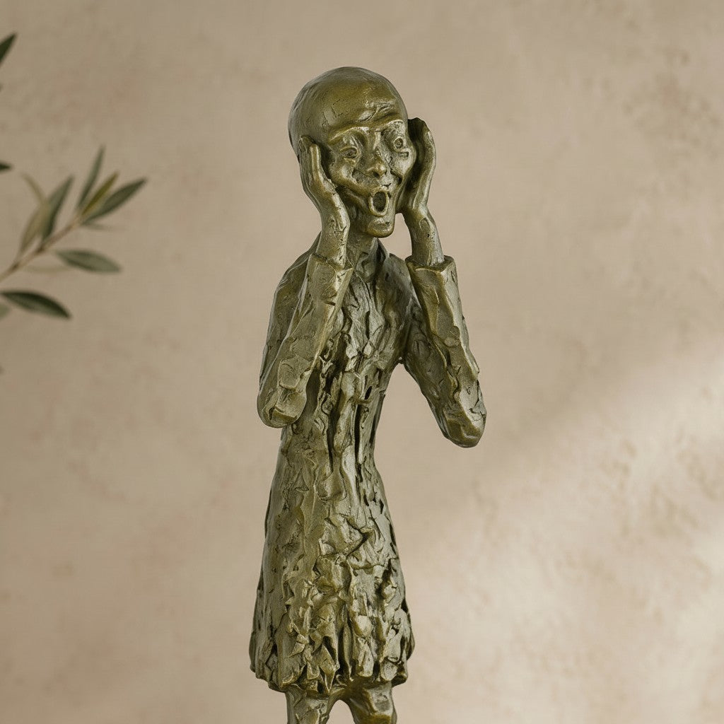 Sculpture en bronze patiné vert-doré représentant une fillette exprimant l'effroi, style expressionniste