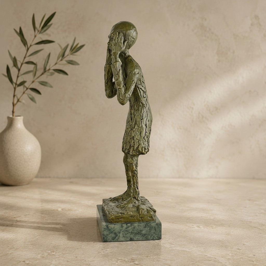 Sculpture en bronze patiné vert-doré représentant une fillette exprimant l'effroi, style expressionniste, vue 4