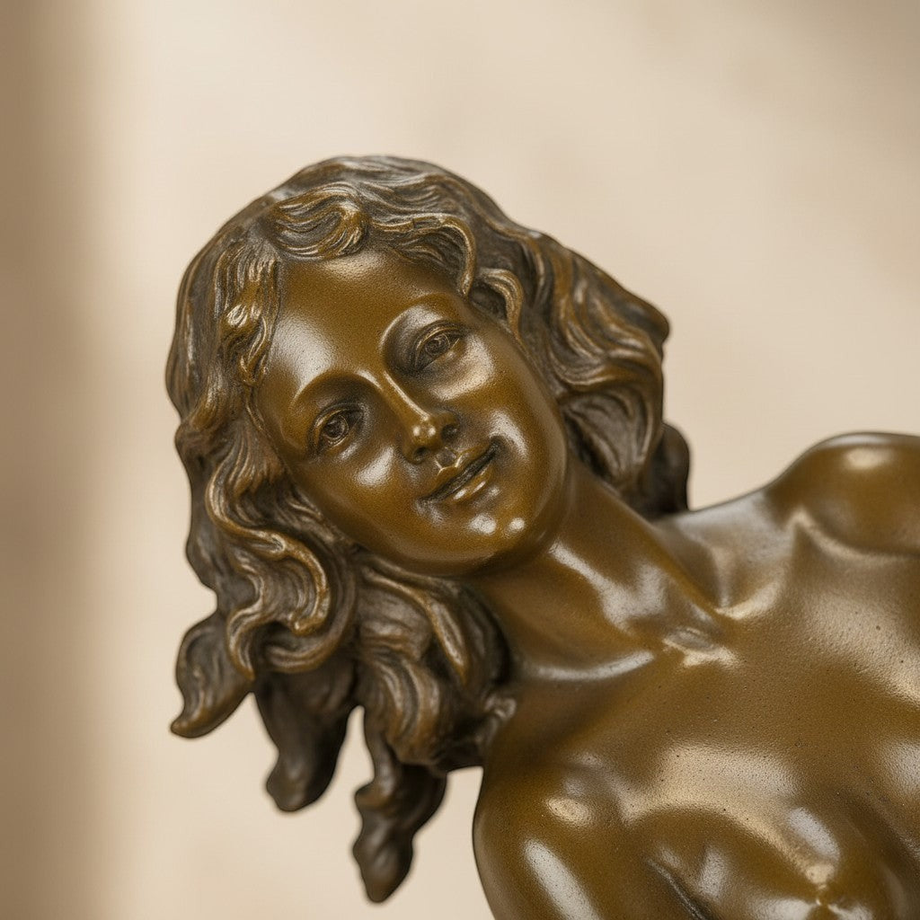 Gros plan sur le visage en bronze patiné de la sculpture Art Déco représentant une jongleuse