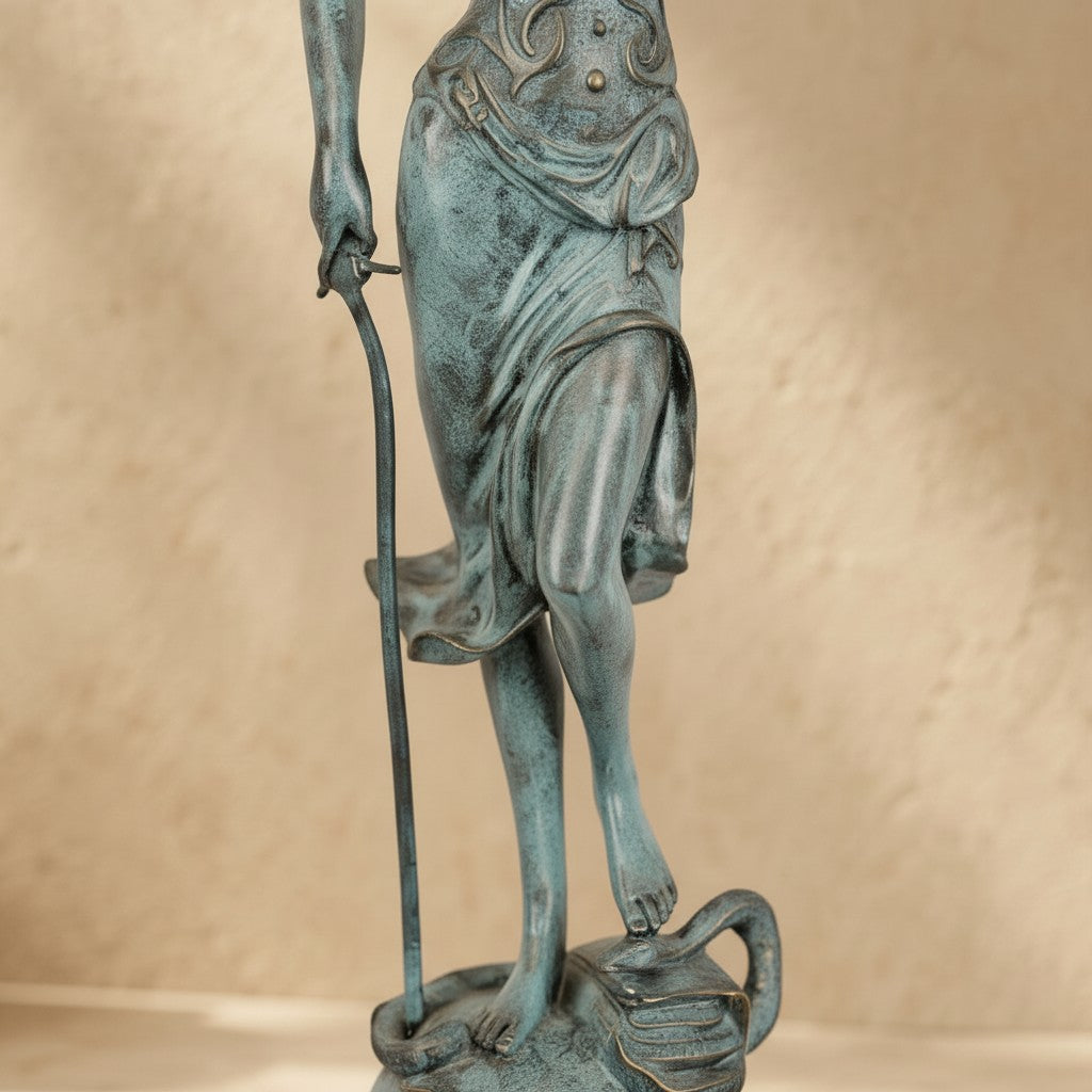 Sculpture Dame Justice en bronze patine vert-de-gris avec épée et serpent sur socle en marbre noir