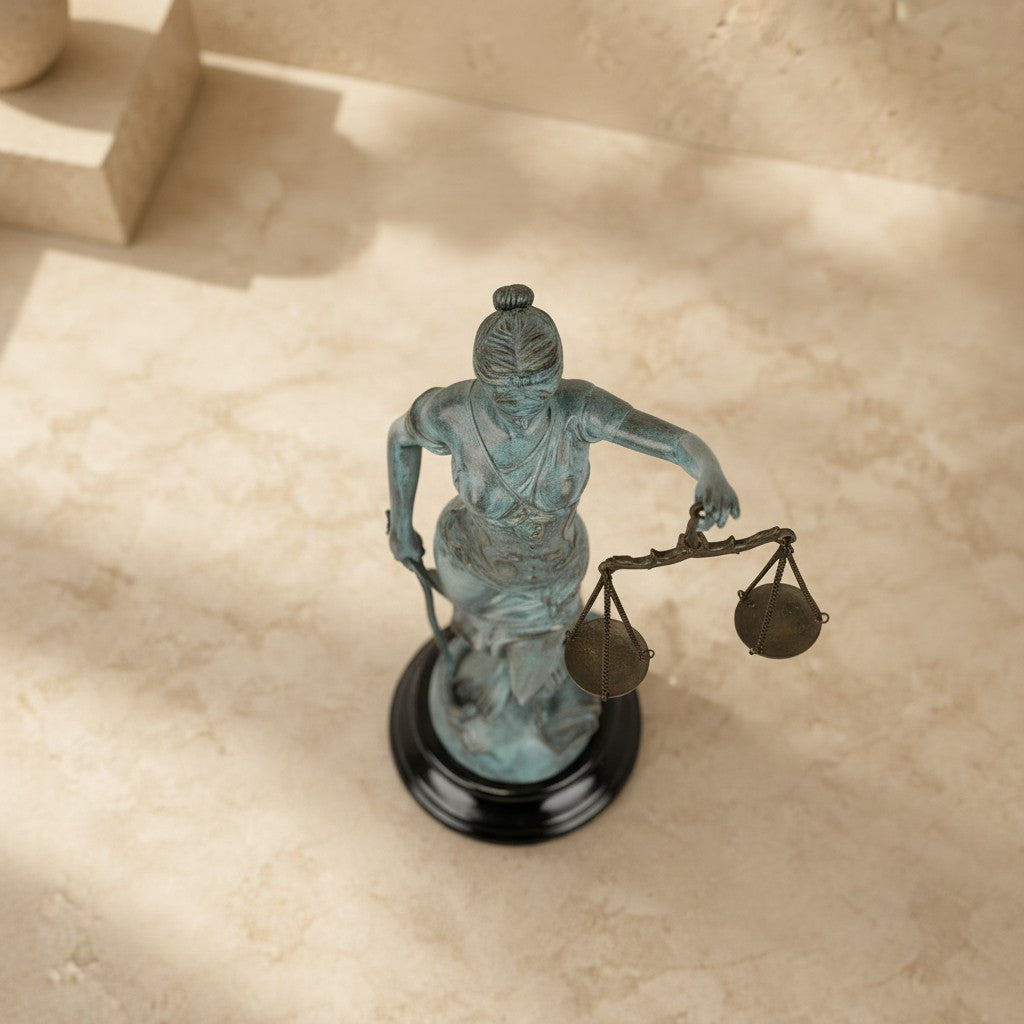 Sculpture en bronze de Dame Justice avec patine vert-de-gris sur socle en marbre noir vue de dessus