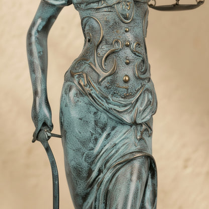 Détail de la sculpture Dame Justice en bronze avec patine vert-de-gris et détails ciselés