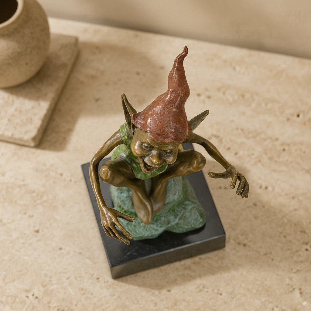 Sculpture en bronze polychrome représentant un lutin rieur sur un socle en marbre noir, vue 4