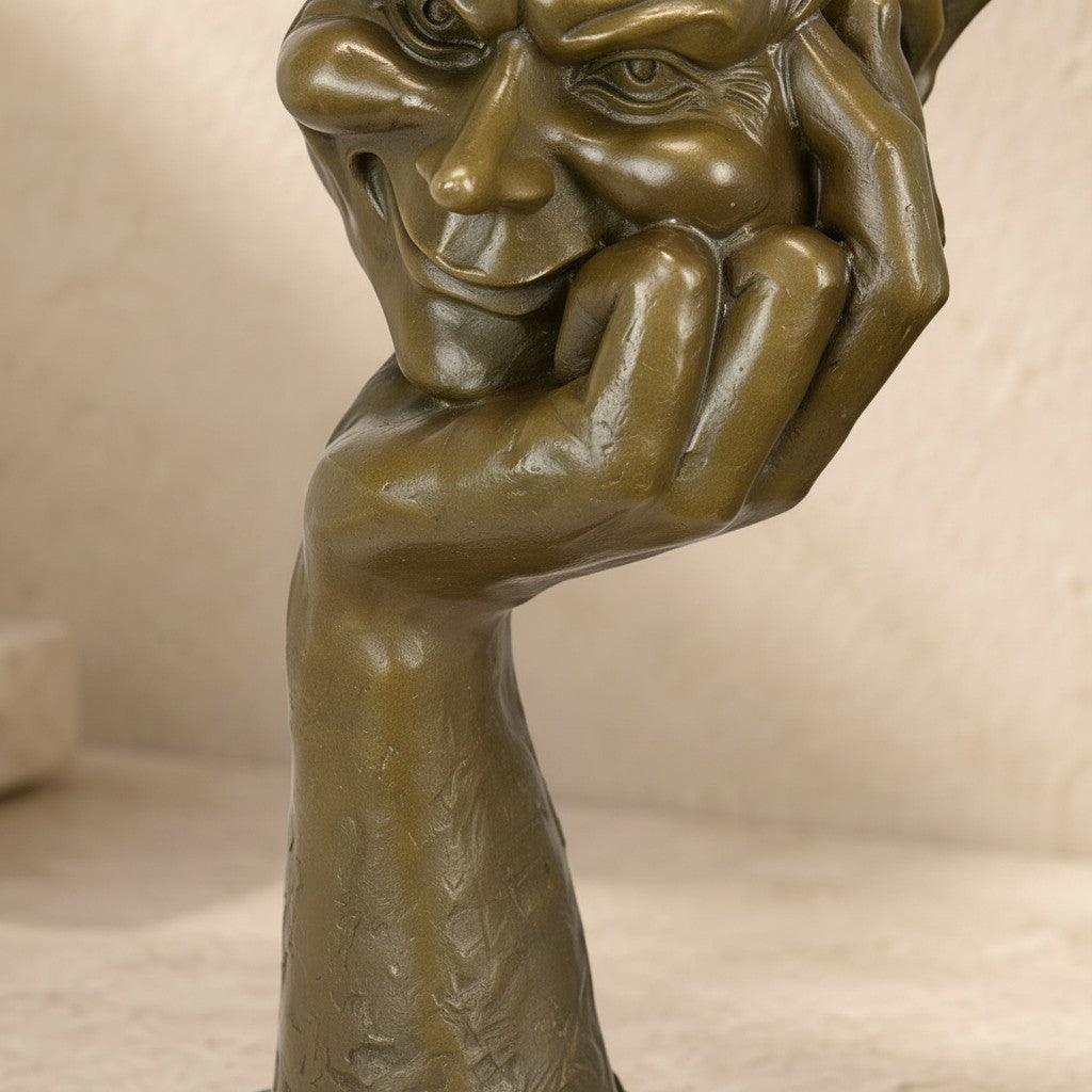 Sculpture en bronze à patine brune représentant un lutin songeur avec socle en marbre