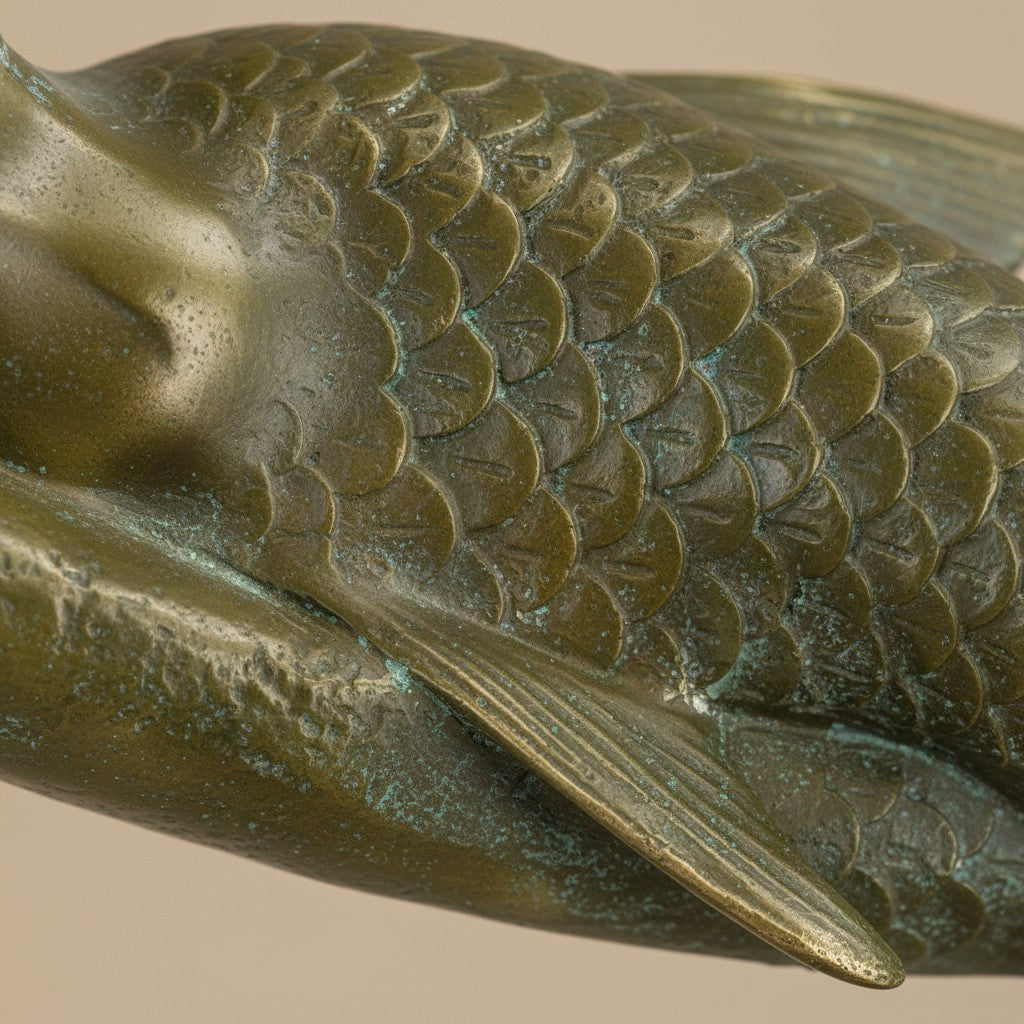 Détail de la queue écaillée en bronze patiné vert-brun de la sculpture sirène