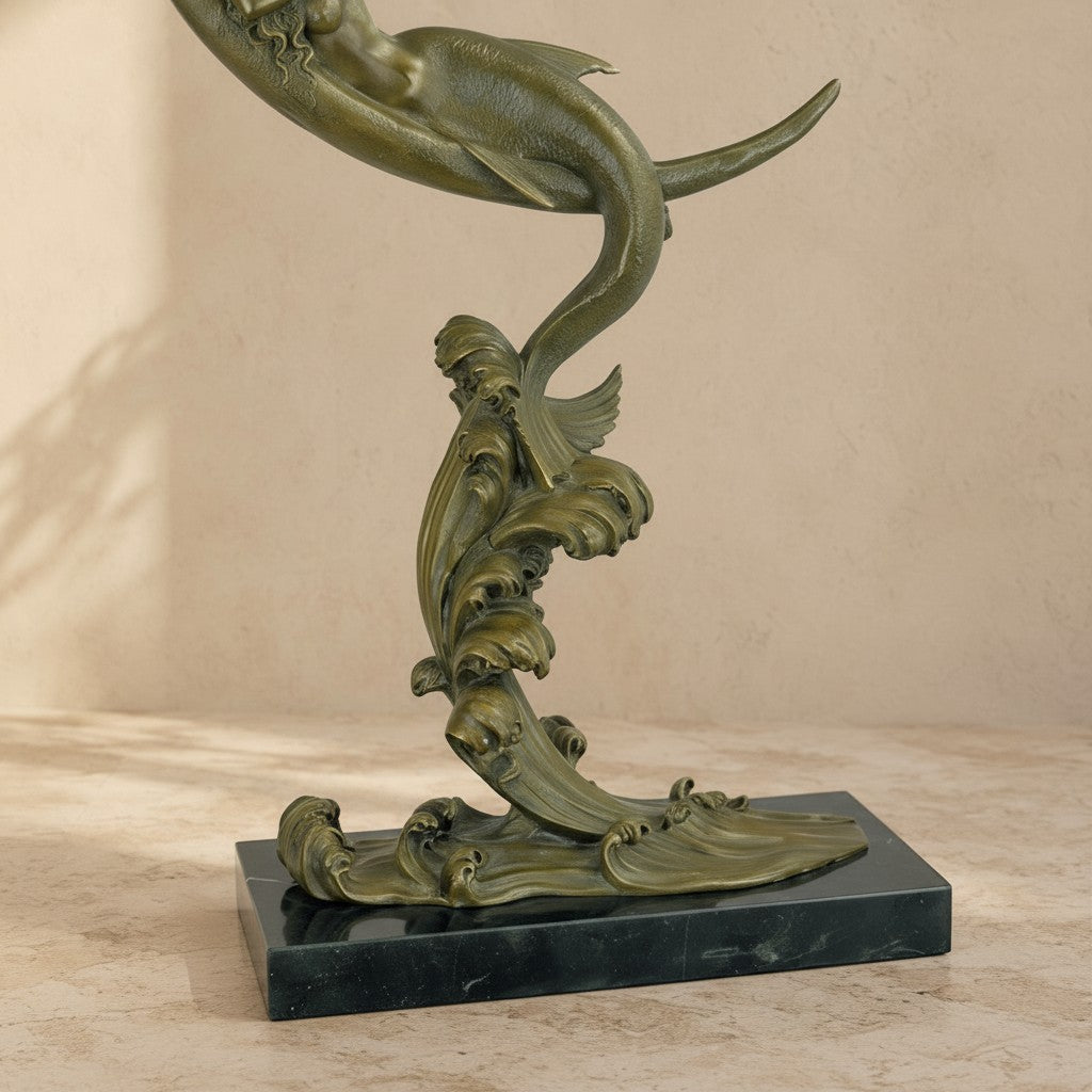 Sculpture en bronze patiné représentant une sirène sur un croissant de lune avec socle en marbre noir