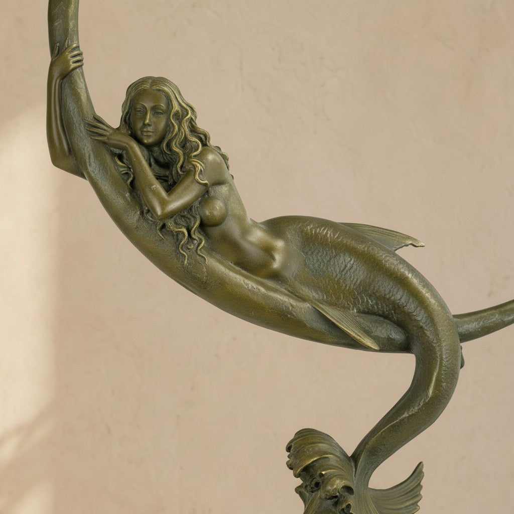Sculpture en bronze patiné vert-brun représentant une sirène allongée sur un croissant de lune
