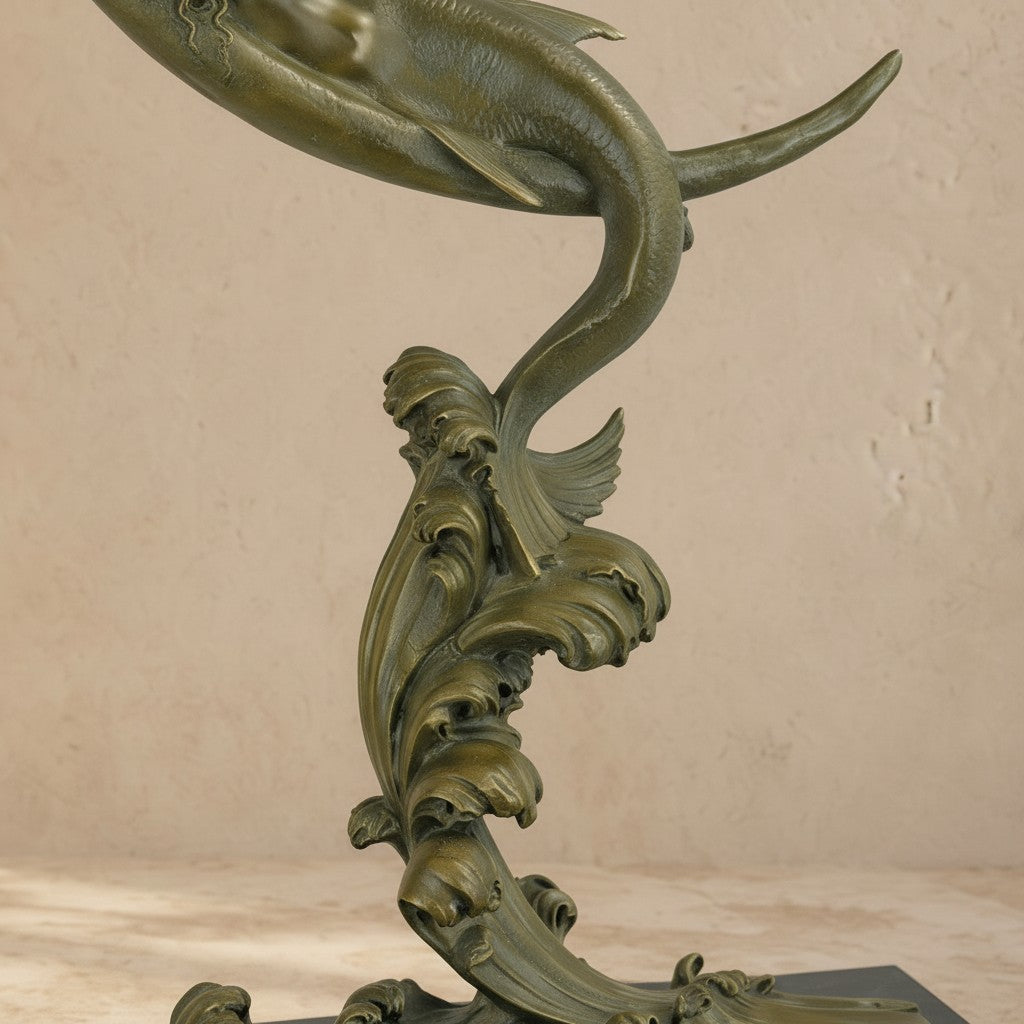 Sculpture en bronze patiné vert-brun représentant une sirène sur un croissant de lune et socle marbre