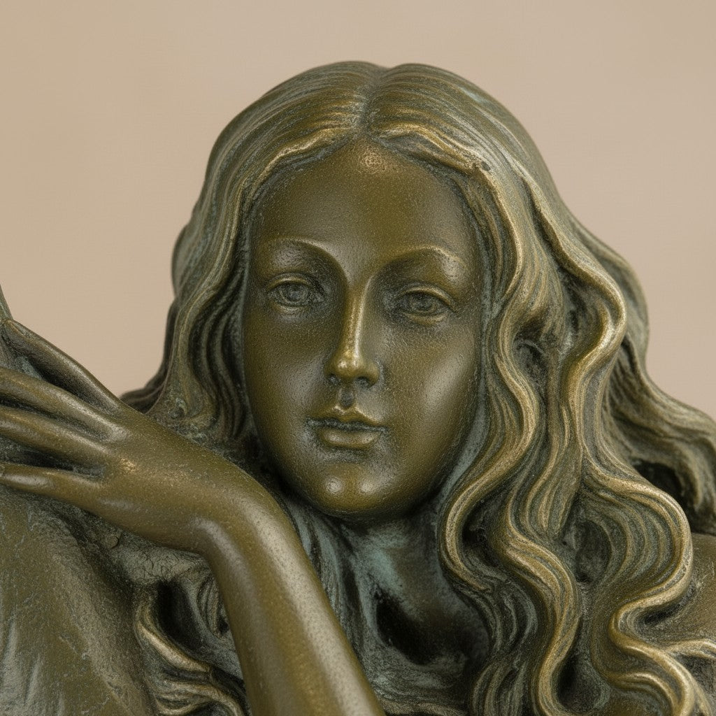 Gros plan sur le visage en bronze patiné vert-brun d'une sirène aux longs cheveux ondulés