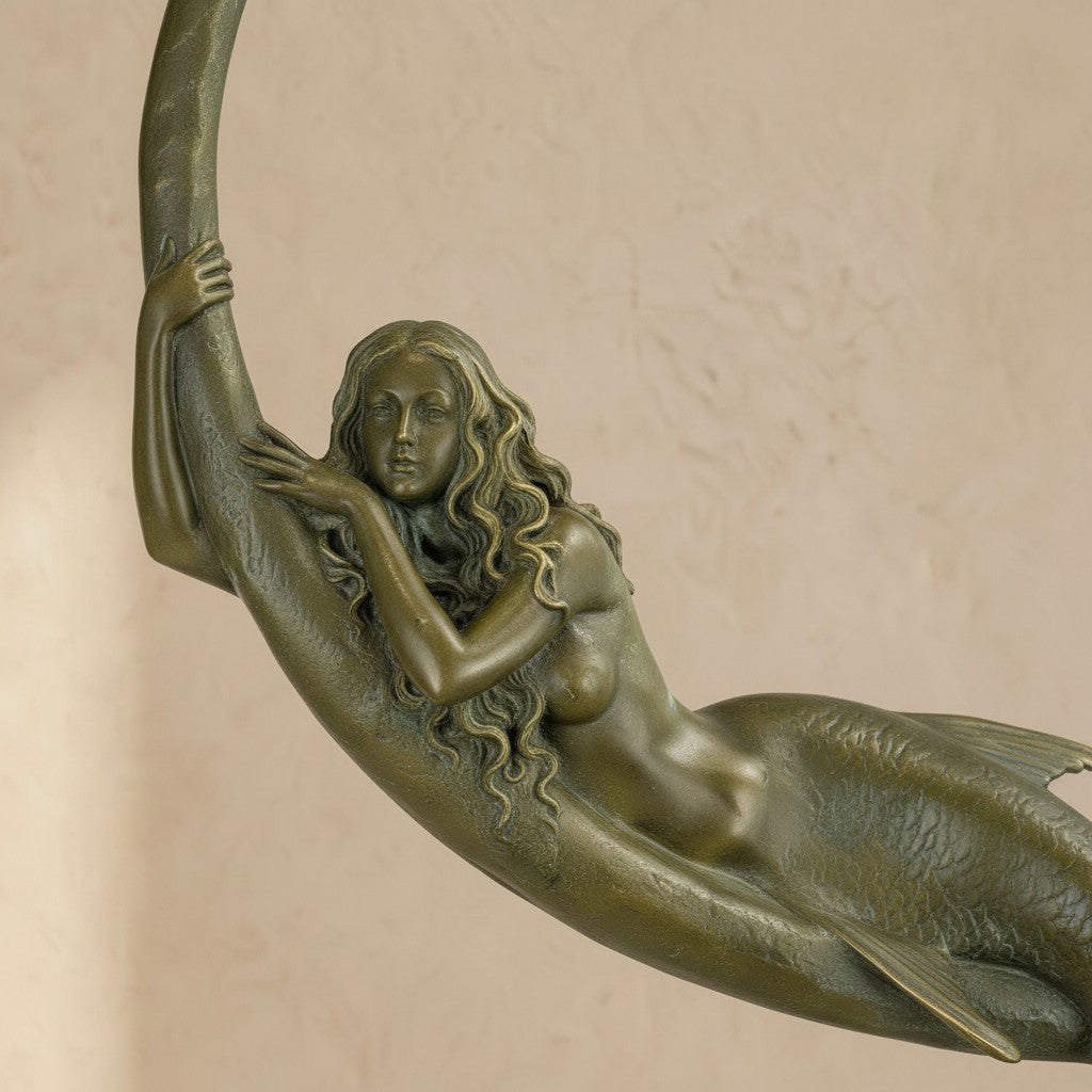 Sculpture en bronze patiné représentant une sirène allongée sur un croissant de lune