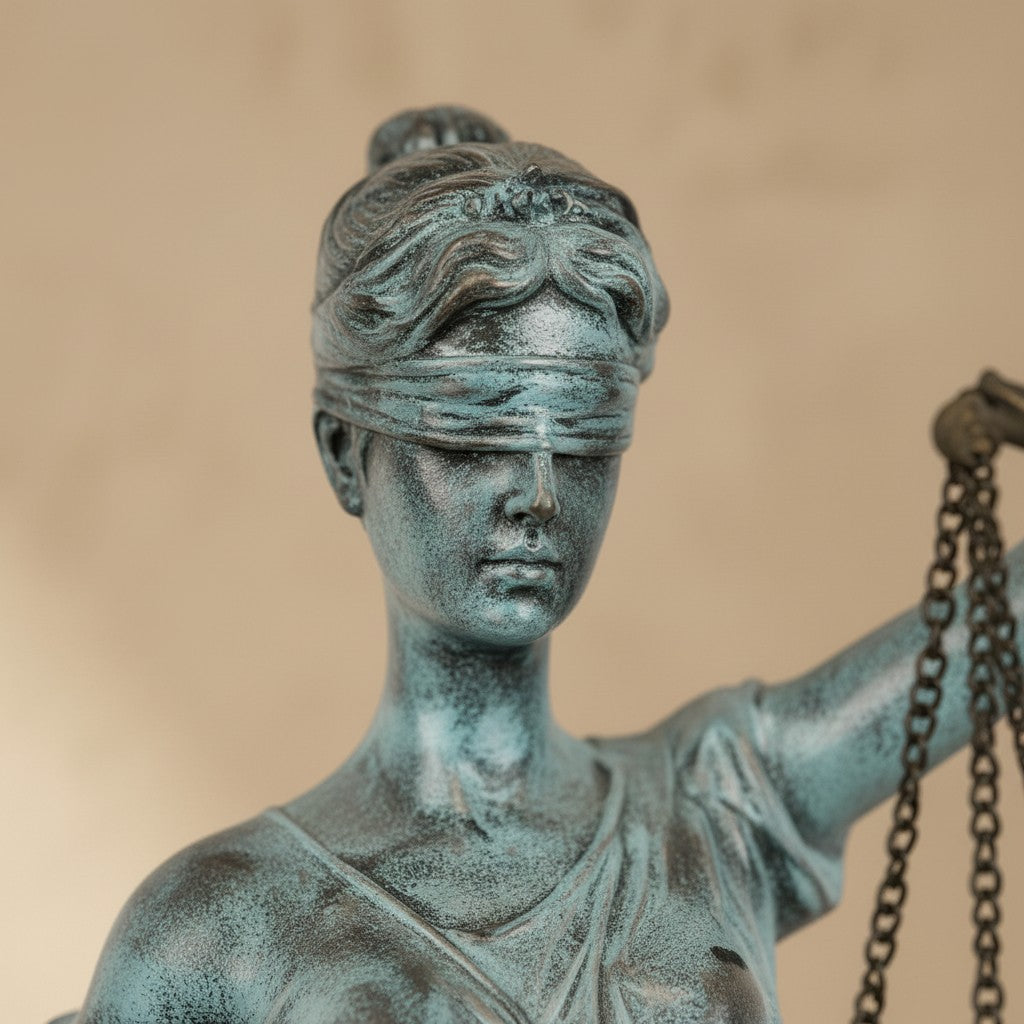 Gros plan sur la sculpture en bronze de Thémis, patine vert-de-gris, yeux bandés et balance
