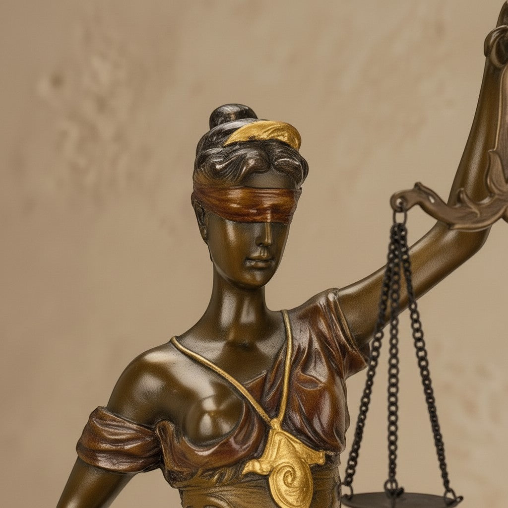 Sculpture en bronze de Thémis, déesse de la justice, avec bandeau doré et balance détaillée