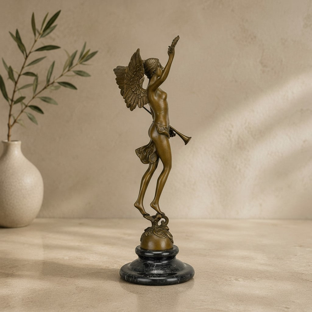 Sculpture en bronze doré représentant une Victoire ailée avec trompette sur un socle en marbre gris