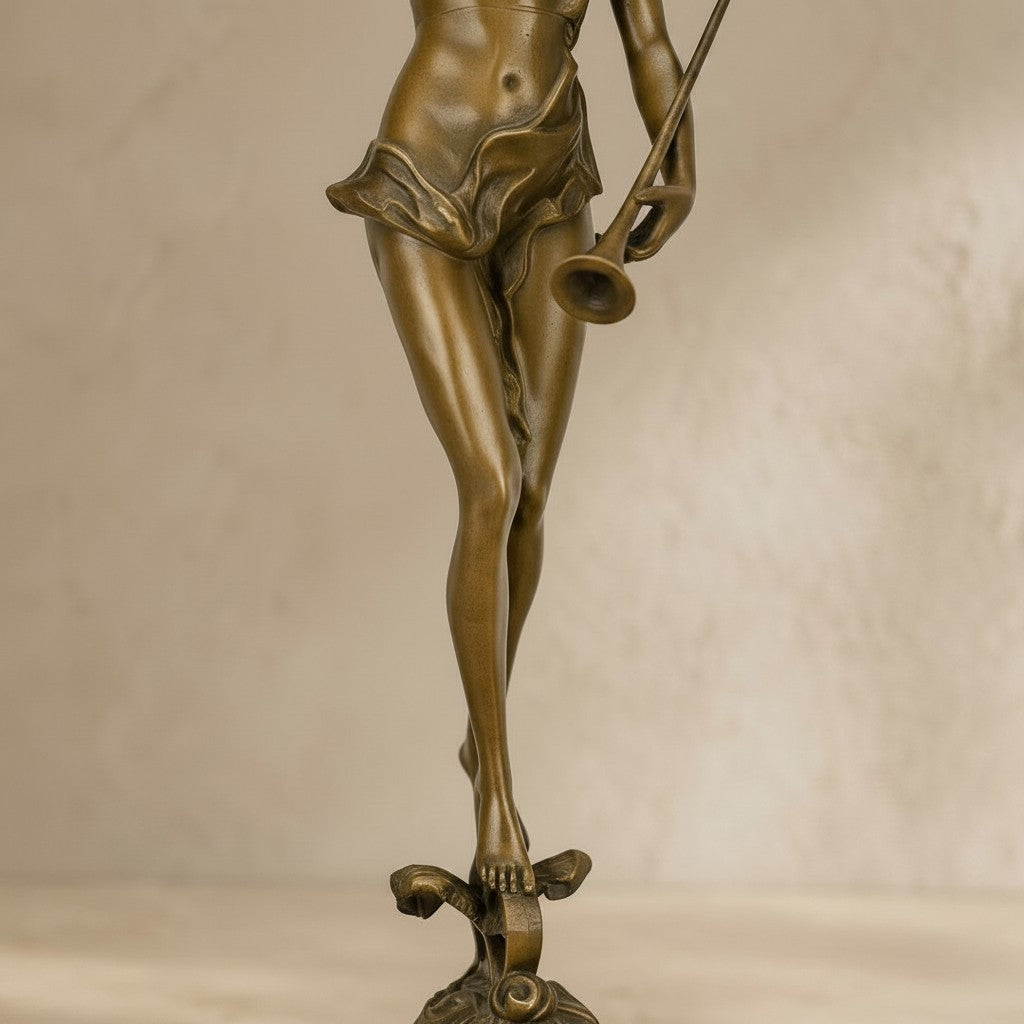 Sculpture en bronze doré représentant une Victoire ailée tenant une trompette sur un globe