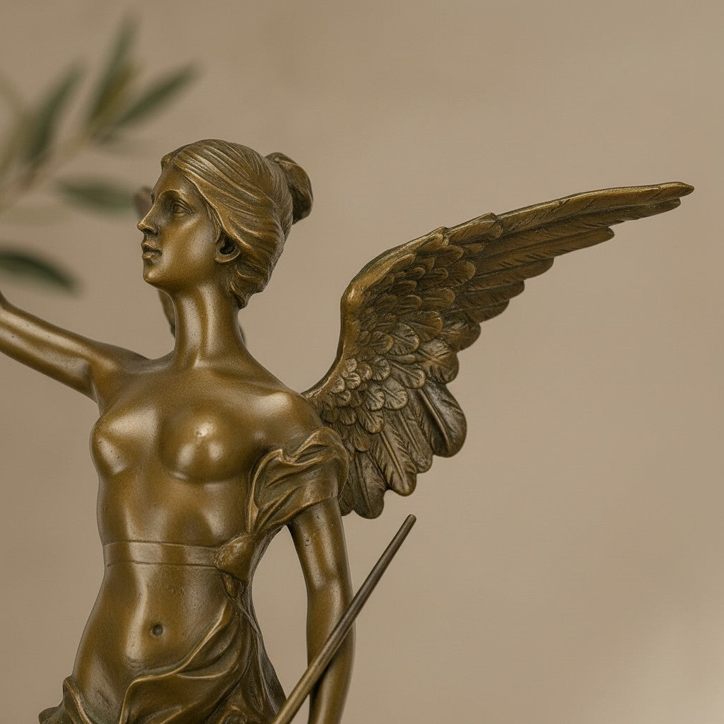 Sculpture en bronze doré représentant une Victoire ailée avec couronne de laurier et trompette
