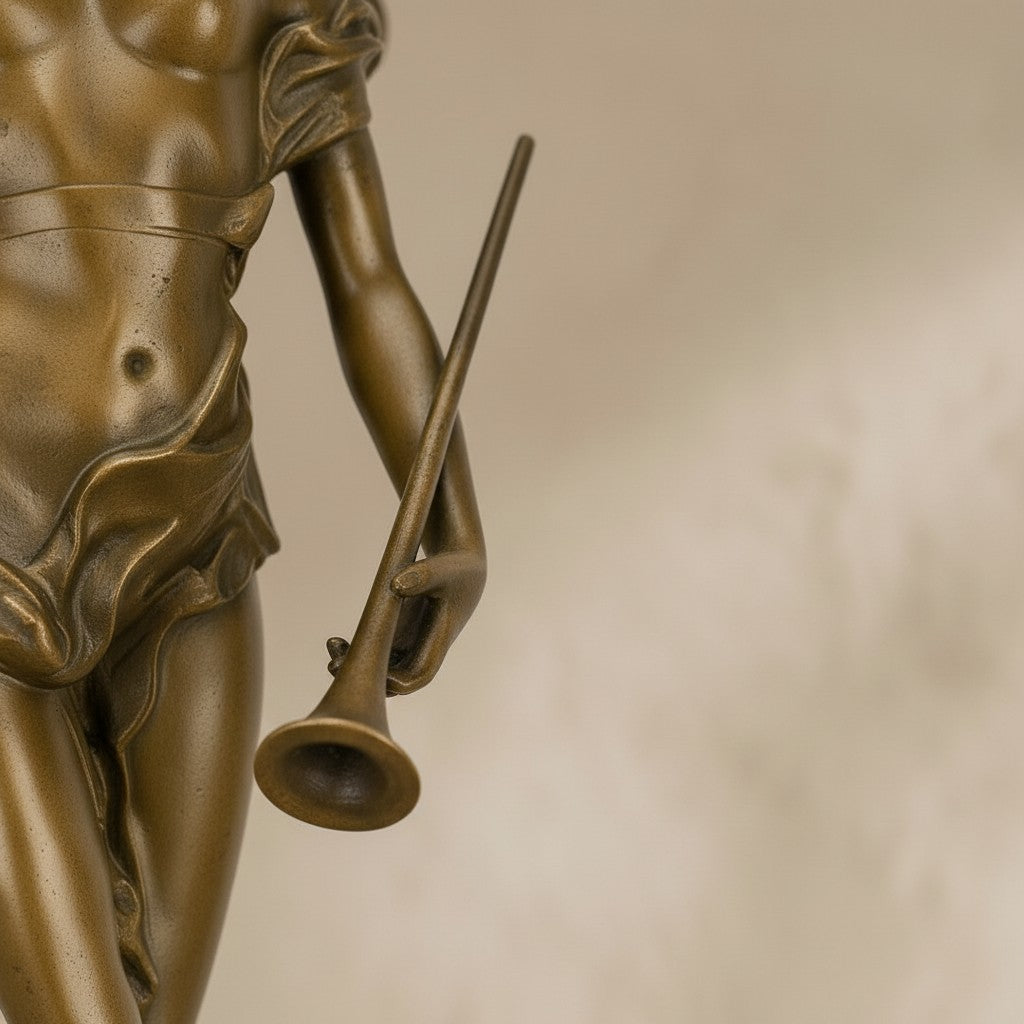 Détail d'une sculpture en bronze doré représentant une Victoire ailée tenant une trompette