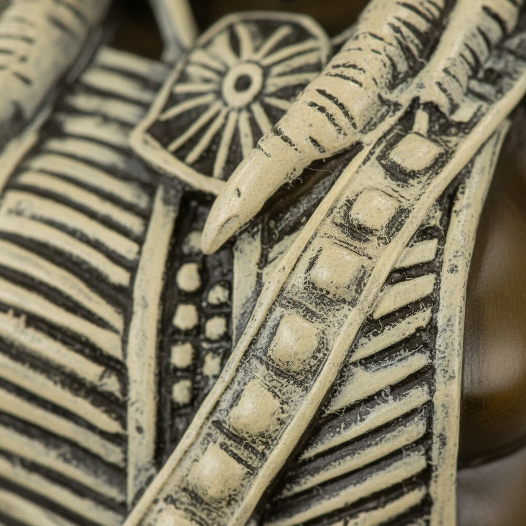 Détail de la coiffe en bronze doré d'une sculpture représentant un chef indien avec des plumes