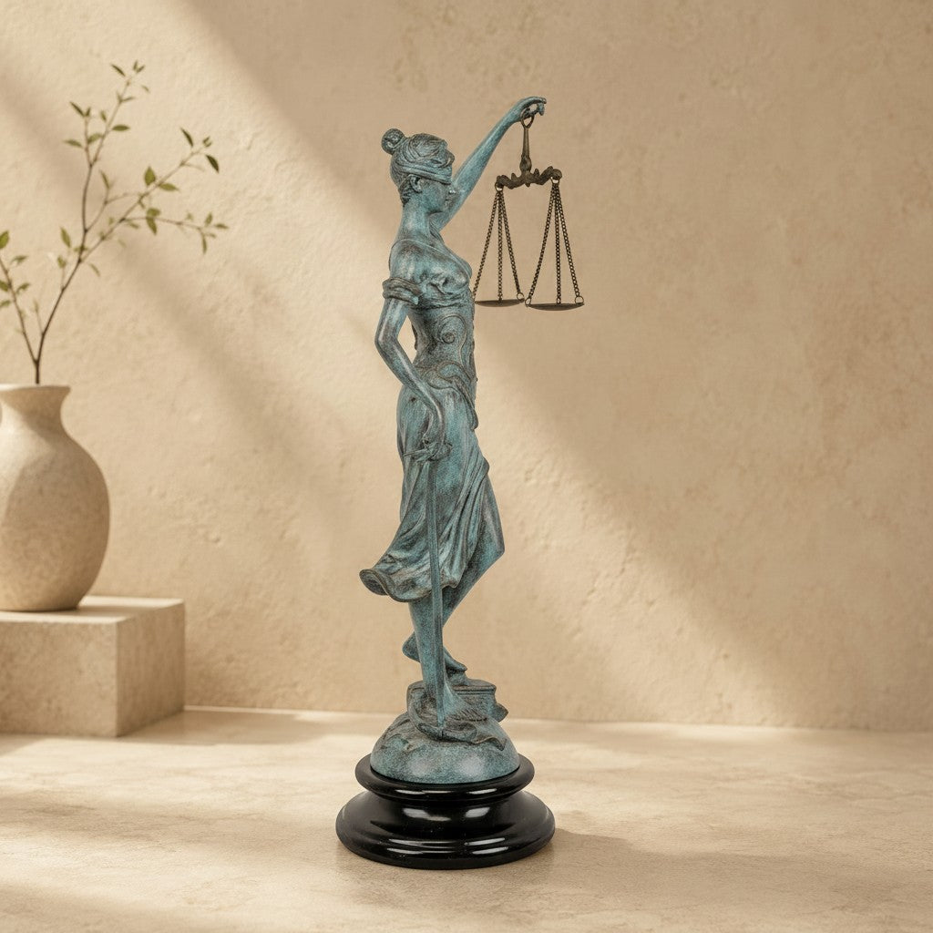 Sculpture Dame Justice en bronze patine vert-de-gris avec balance et épée sur socle en marbre noir