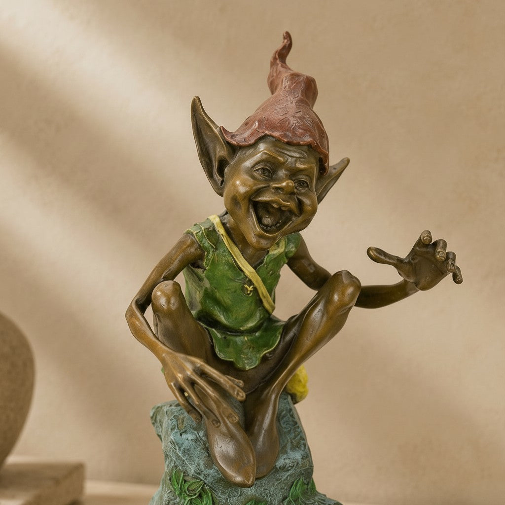 Sculpture en bronze polychrome représentant un lutin rieur sur un socle en marbre noir