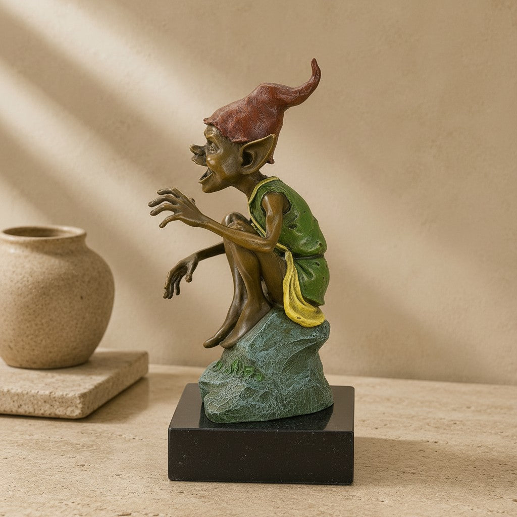 Sculpture en bronze polychrome représentant un lutin rieur sur un socle en marbre noir, vue 5