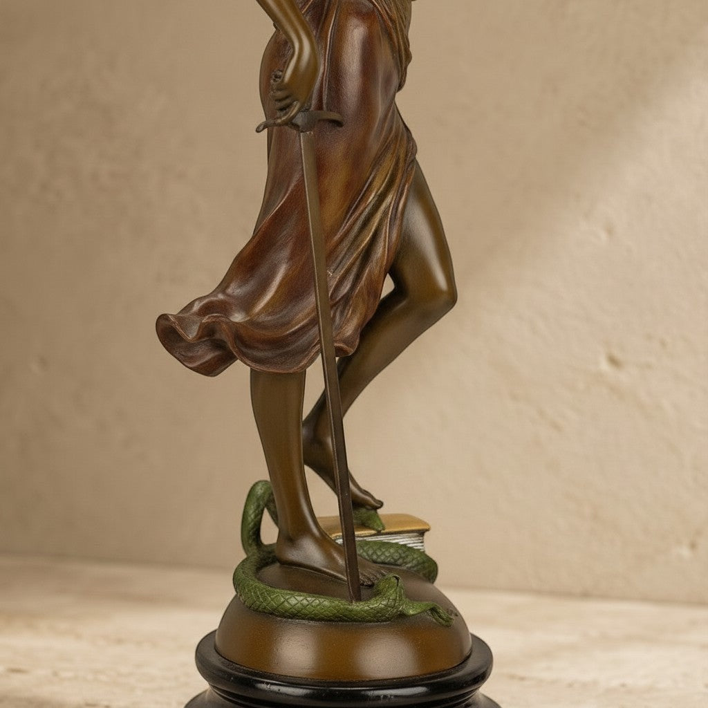 , sculpture en bronze de Thémis avec épée, serpent et socle en marbre noir, vue de profil