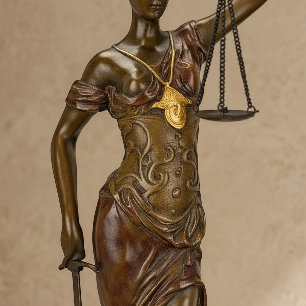 Statue en bronze de Thémis avec balance et épée, détails dorés et patine bronze-vert