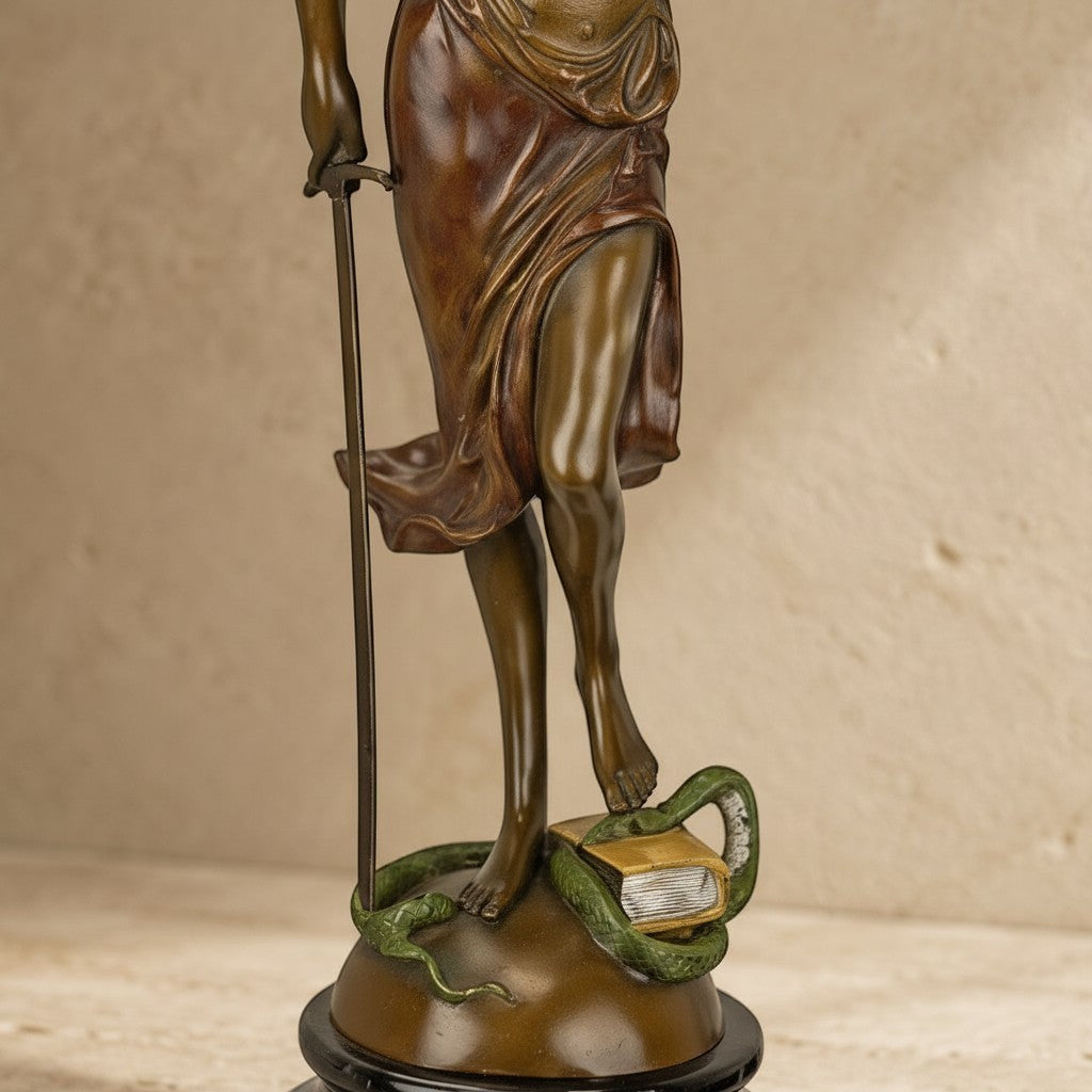 Statue en bronze de Thémis avec épée, serpent et livres sur socle en marbre noir