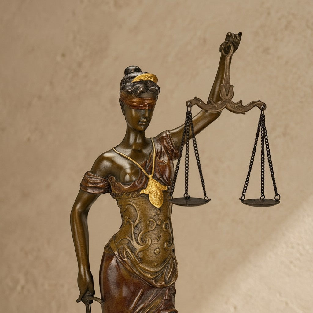 Statue en bronze de Thémis, déesse de la justice, avec balance et bandeau doré, hauteur 40 cm