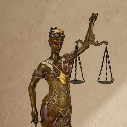 Statue en bronze de Thémis, déesse de la justice, avec balance et bandeau doré, hauteur 40 cm