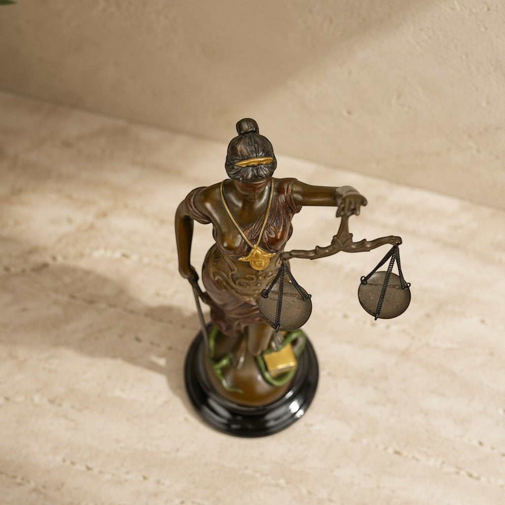 Statue en bronze de Thémis, déesse de la justice, avec balance et socle en marbre noir