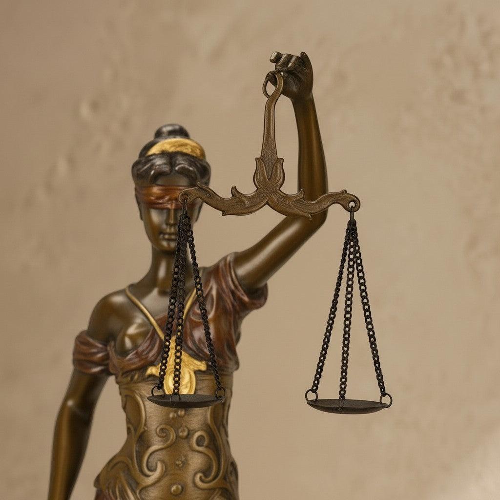 Statue en bronze de Thémis, déesse de la justice, avec balance, épée et détails dorés