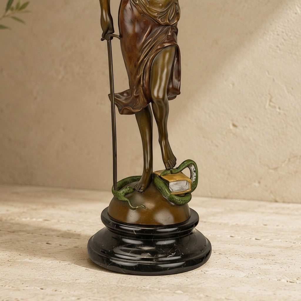 Statue en bronze de Thémis avec épée et serpent sur socle en marbre noir