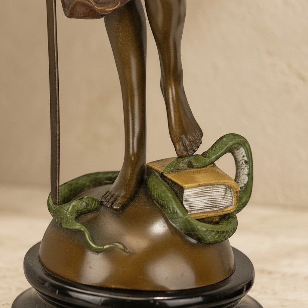 Détail de la statue en bronze représentant Thémis avec un serpent et un livre sur socle en marbre