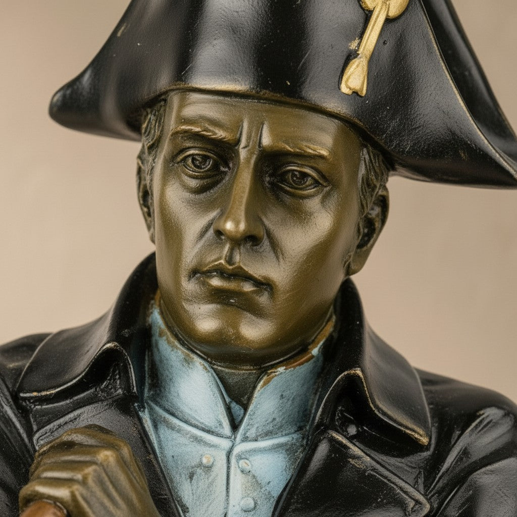 Gros plan sur le visage en bronze polychrome de la statuette de Napoléon Bonaparte avec bicorne