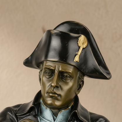 Gros plan sur le visage et le bicorne de la statuette de Napoléon Bonaparte en bronze polychrome