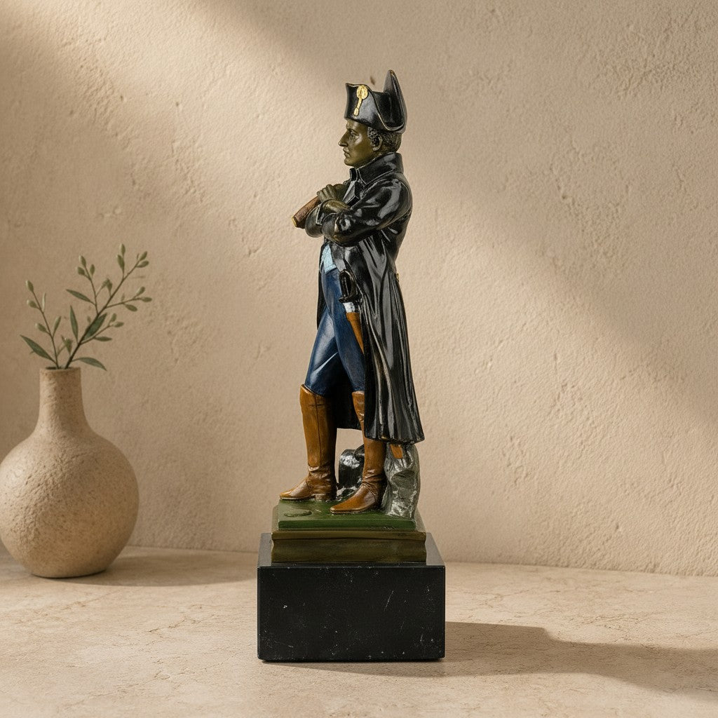 Statuette de Napoléon Bonaparte en bronze polychrome sur socle en marbre noir, vue de profil