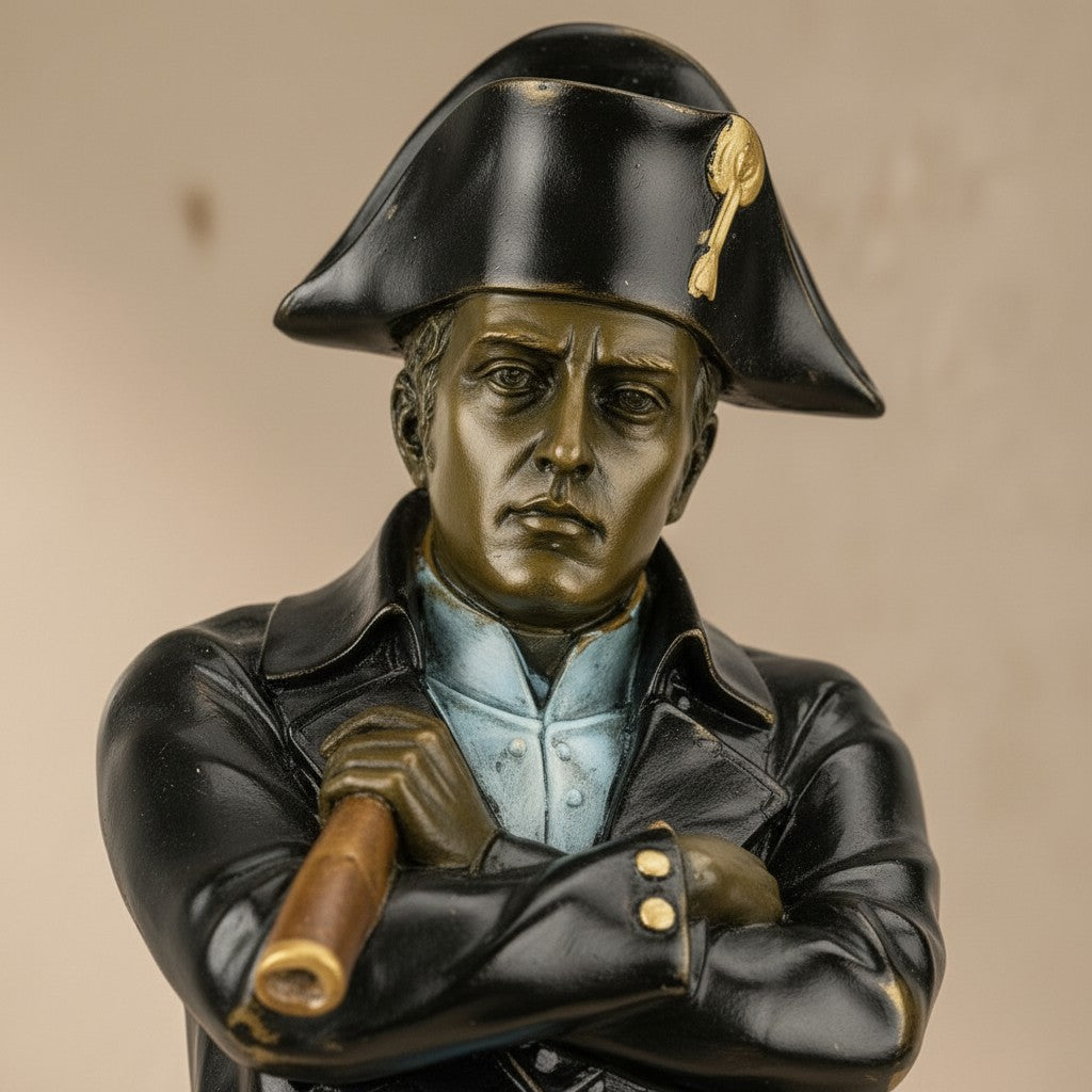 Statuette de Napoléon Bonaparte en bronze polychrome, buste détaillé avec bicorne et longue-vue